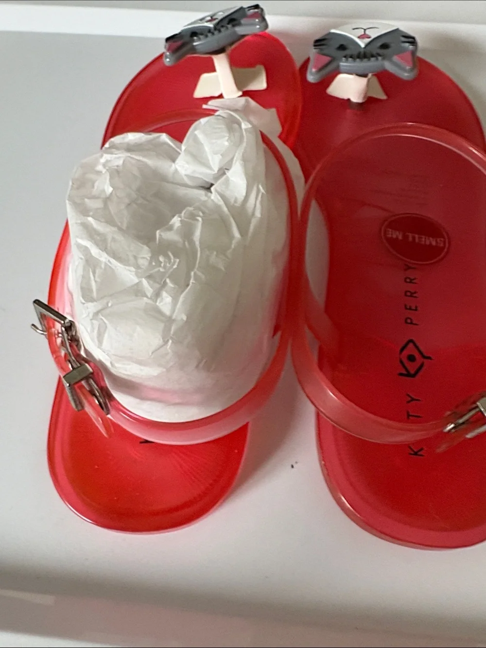 Katy Perry Collections Red Jelly Cat Sandals with Gray Cat Charms